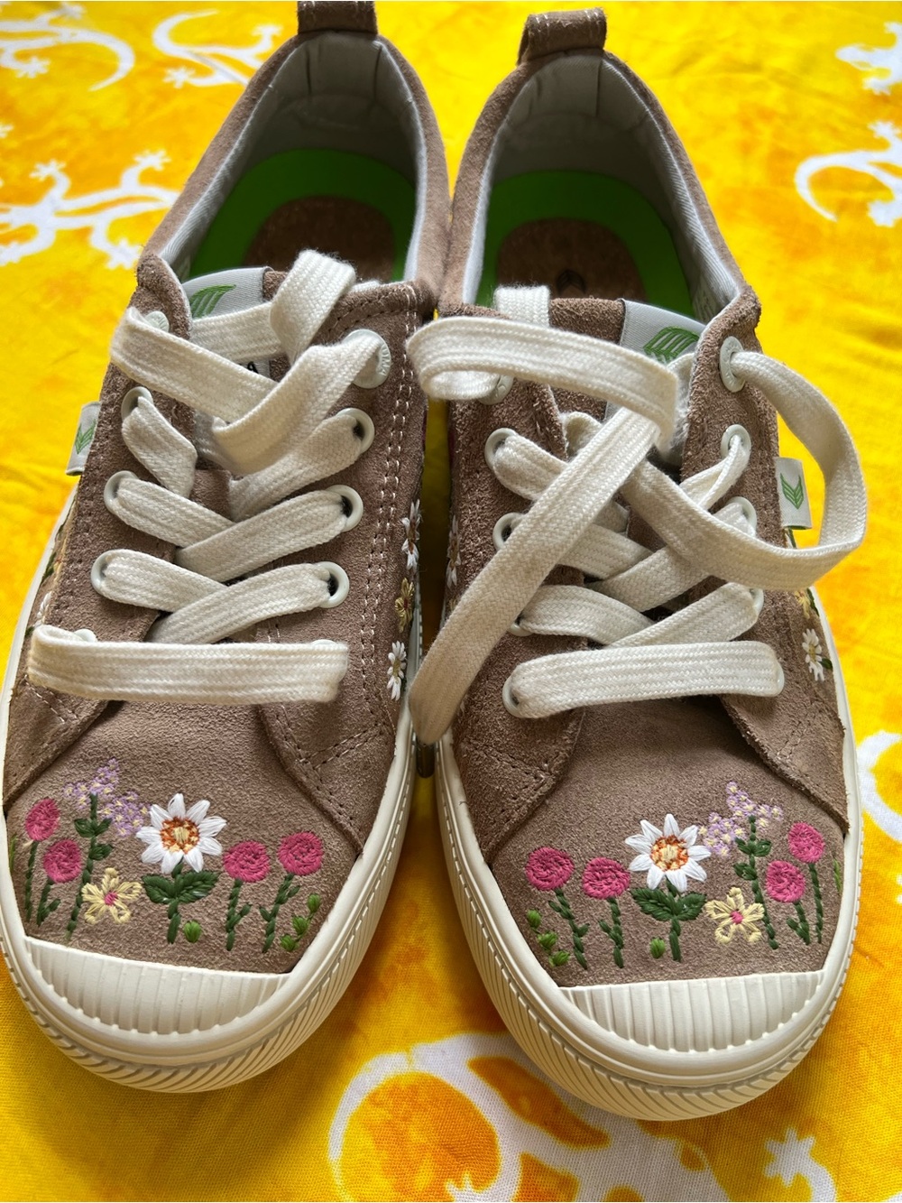 Cariuma Taupe Suede Floral Embroidered Sneakers with Cream Laces